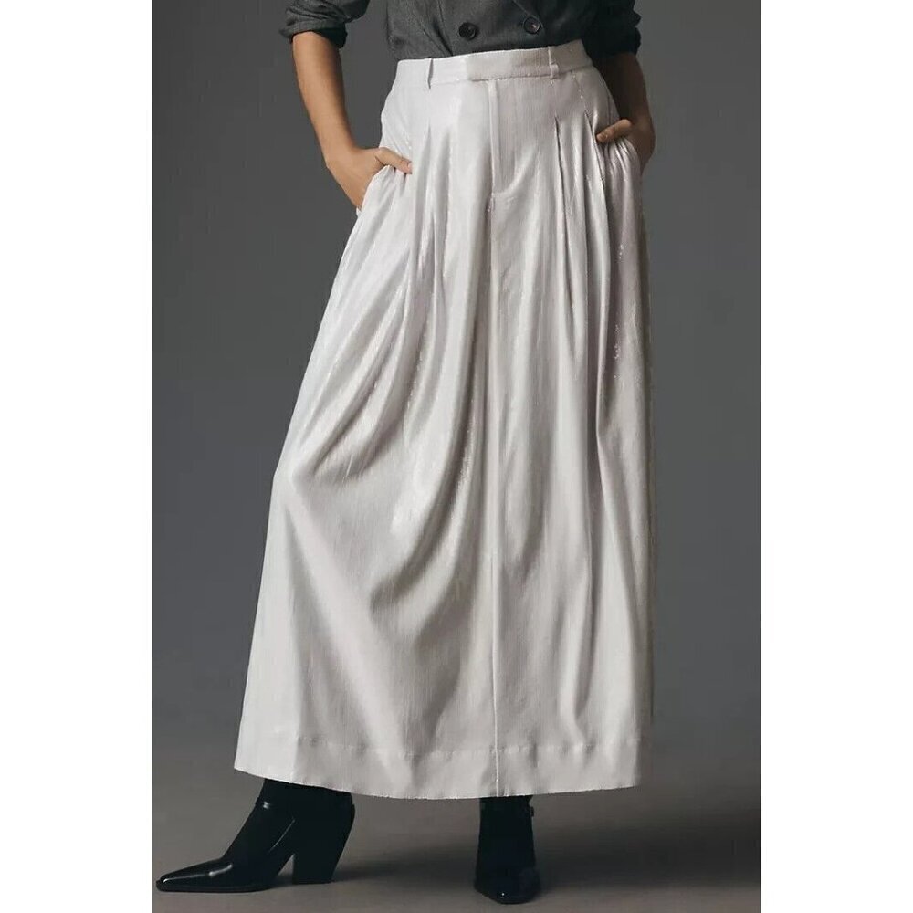 NWT Anthropologie Avery Pleated Maxi Skirt Sequin 20W Silver Party Cockail - Picture 2 of 10